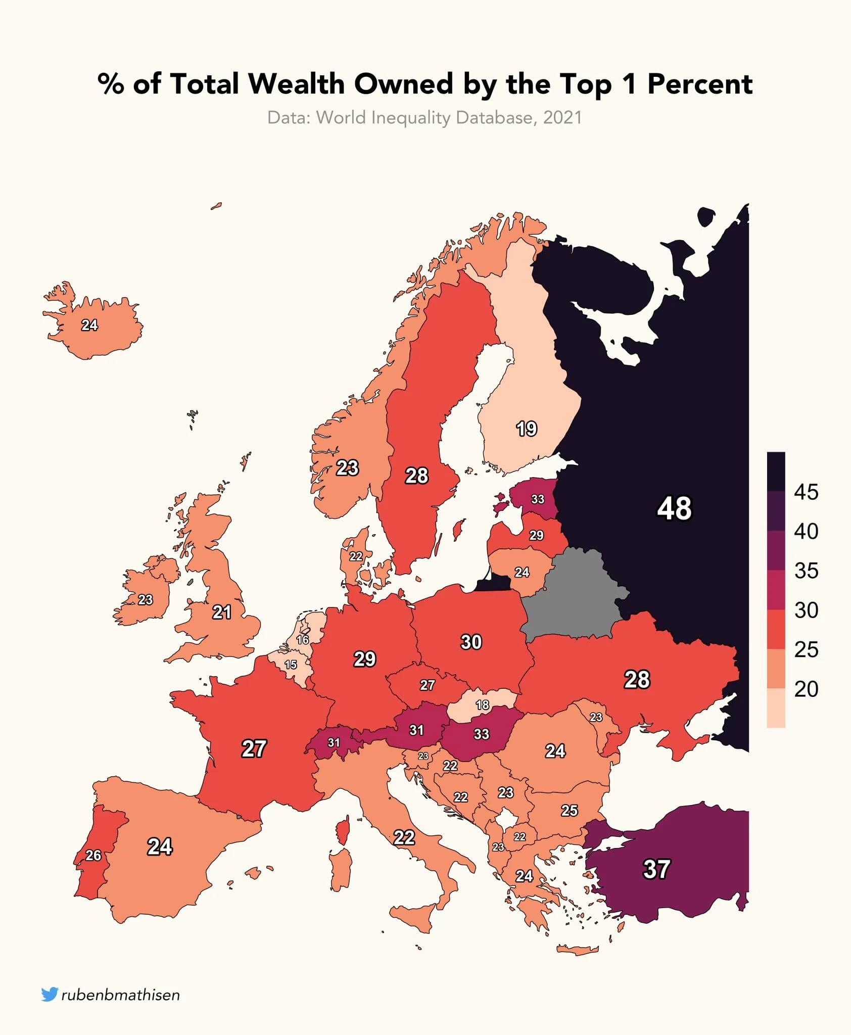 % of Total Wealth owned by the Top 1 Percent – Thematische kaart